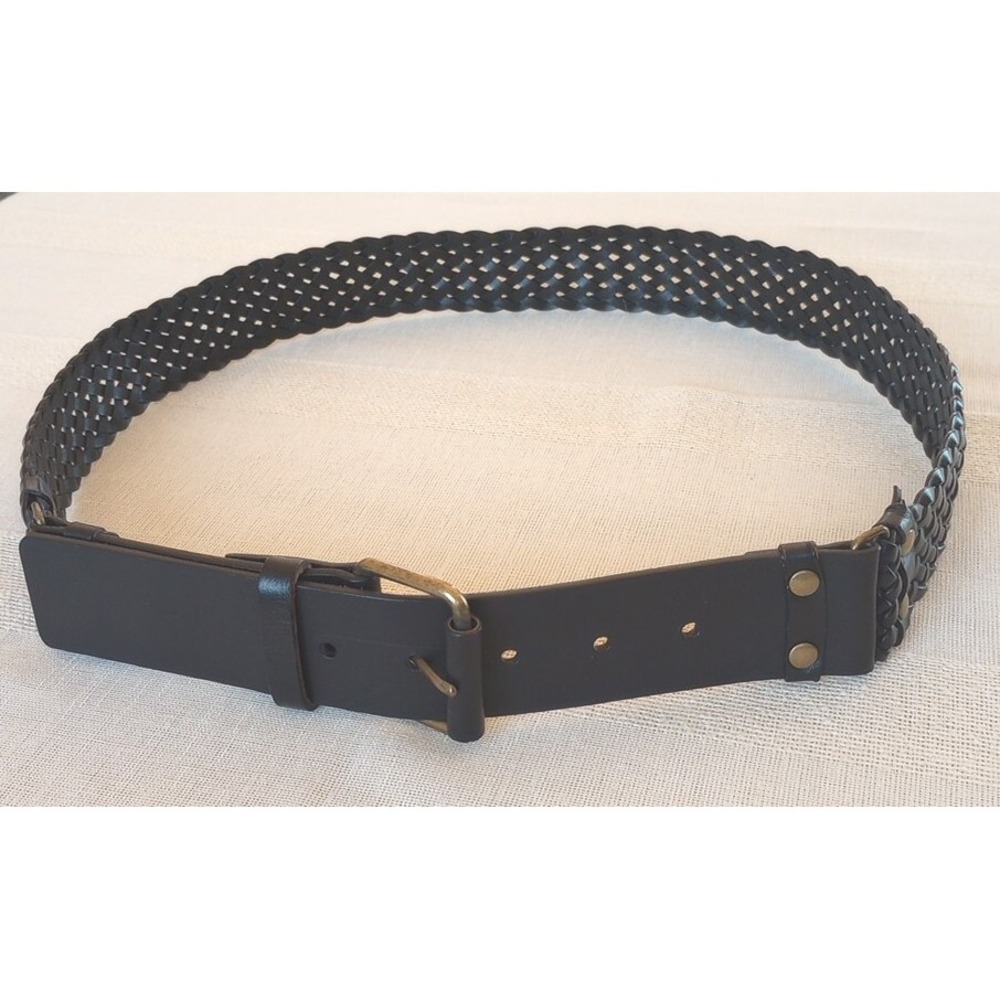 Ann Taylor Loft Leather Woven 1.75"W Belt Black/Brass Medium 35-39 NWOT